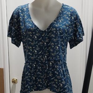 Lucky Brand Blue Floral Button-Front Peplum Blouse